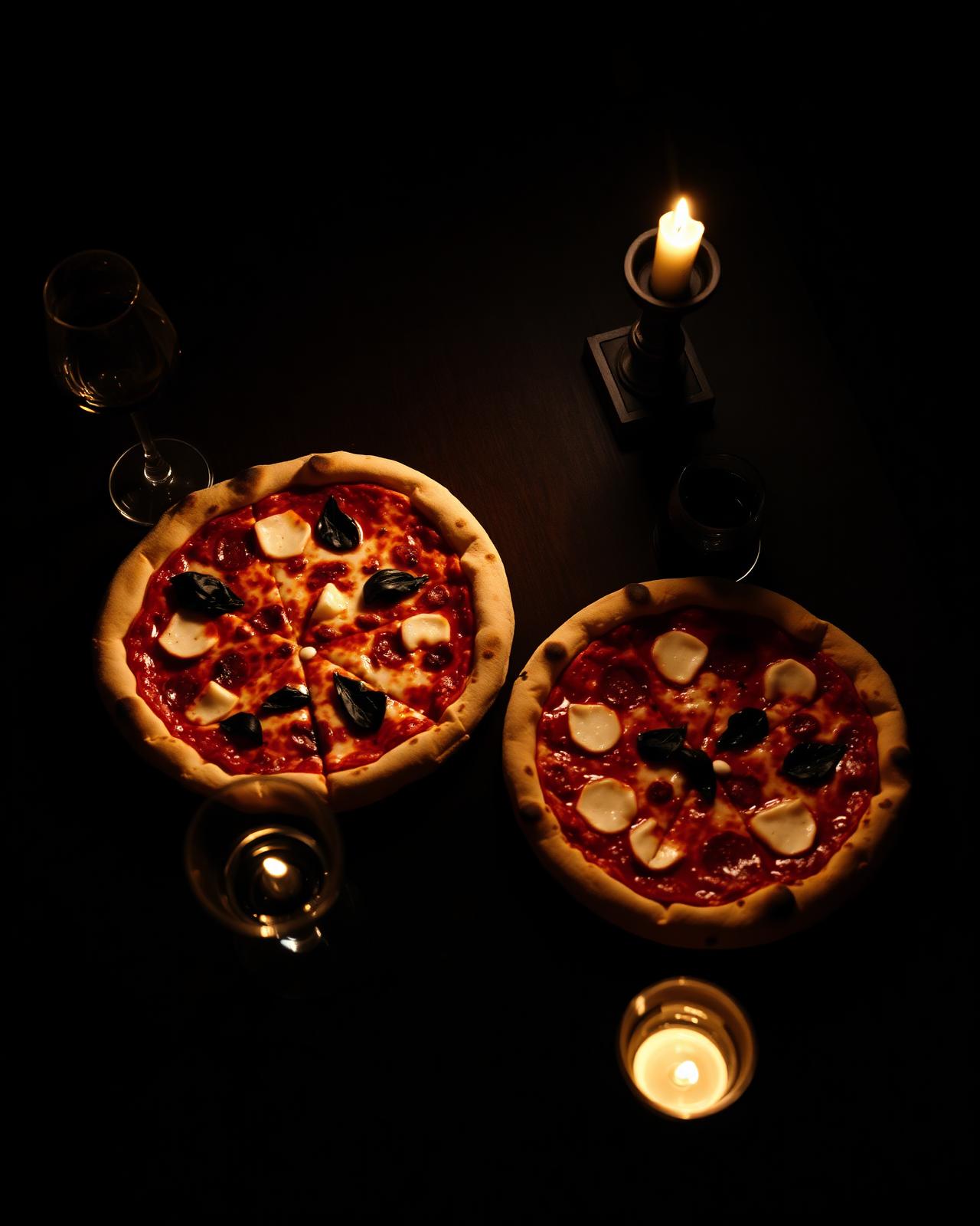 Pizza met kaarslicht